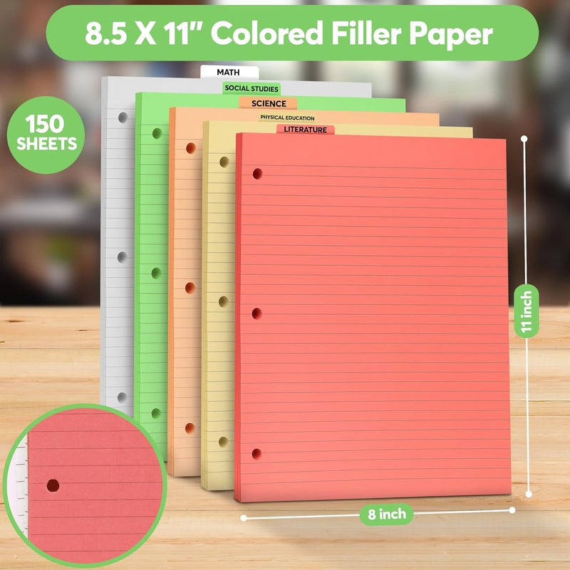 Manaloom Colored Notebook Paper – 8.5 x 11, 150 Sheets – Thick 80 gsm College Ruled Colorful Loose Leaf Filler Paper – 3-Hole Punched Binder Papers for School, Office, and Journaling (Bright) - Image 2